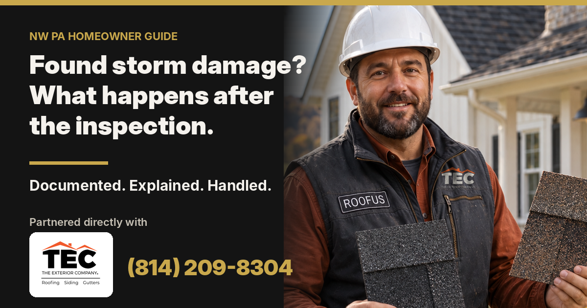 Found storm damage? What happens after the inspection. Documented, explained, handled. Partnered directly with The Exterior Company (TEC).